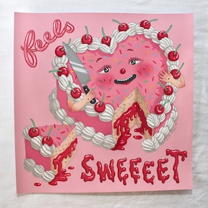 May include: A pink heart-shaped cake with red frosting and cherries, holding a knife and smiling. The cake is surrounded by white frosting and cherries. The text "feels sweet" is written in red below the cake.