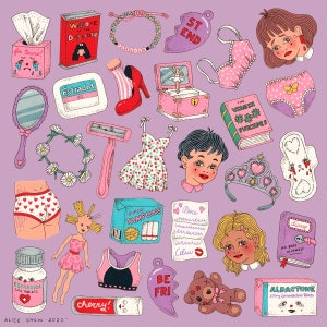 May include: A colorful illustration with a variety of images, including a heart-shaped box with the text "ST END", a pink and white heart-shaped box with the text "The Virgin Suicides", a pink and white heart-shaped box with the text "Super! Tampons", a pink and white heart-shaped box with the text "Aene", a pink and white heart-shaped box with the text "Be Fri", a pink and white heart-shaped box with the text "Diary", a pink and white heart-shaped box with the text "No Boys Allowed", a pink and white heart-shaped box with the text "Aldactone 100mg Spironolactone Tablets", a pink and white heart-shaped box with the text "Estradot 50", a pink and white heart-shaped box with the text "Welcome to the Delouse", a pink and white heart-shaped box with the text "For Tears!" and a pink and white heart-shaped box with the text "Cherry!"