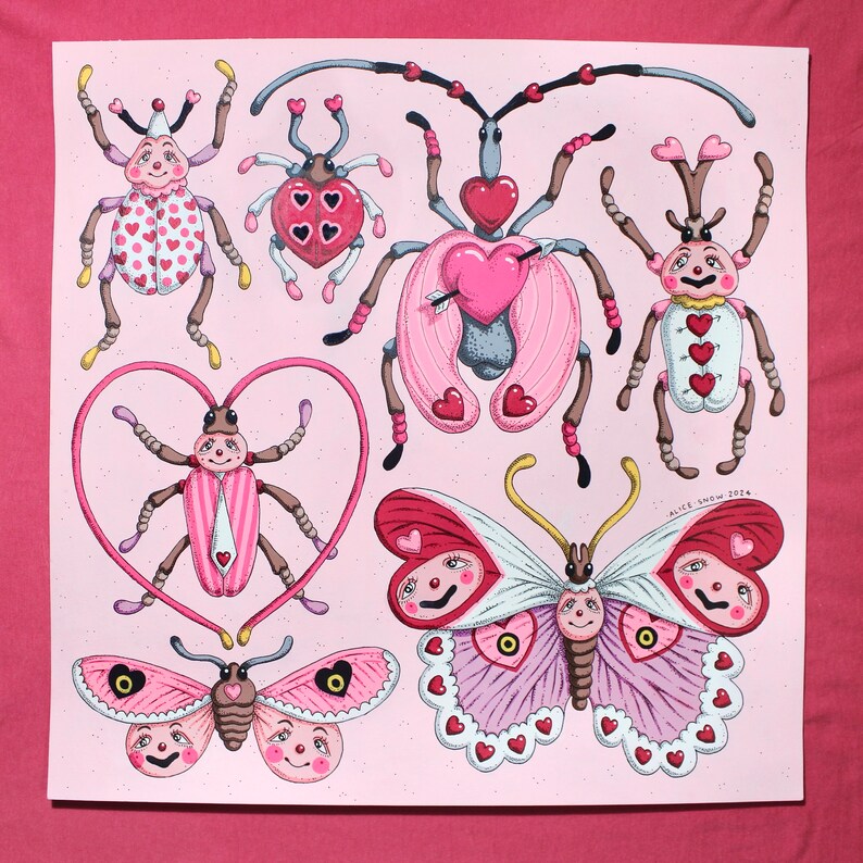 May include: A pink background with a collection of colorful bugs and butterflies with hearts and arrows. The bugs and butterflies have faces and are decorated with pink, red, white, and black details. The text "Alice Snow 2024" is in the bottom right corner.