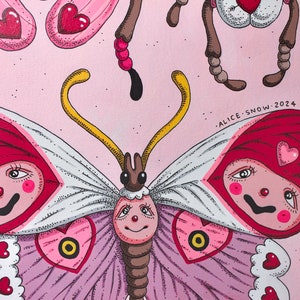 May include: A pink and red butterfly with a white face and a heart-shaped body. The butterfly has a yellow antenna and brown legs. The butterfly is surrounded by a pink background with white dots. The text "ALICE SNOW. 2024." is written in black at the bottom right corner of the image.
