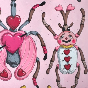 May include: Two cartoon bugs with hearts and arrows on a pink background. One bug is gray with pink wings and the other is white with a yellow collar and pink accents.