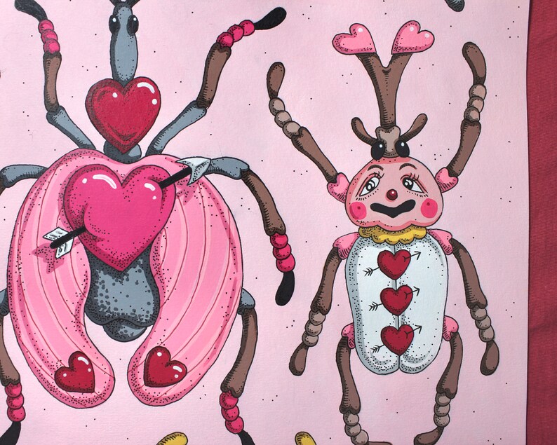 May include: Two cartoon bugs with hearts and arrows on a pink background. One bug is gray with pink wings and the other is white with a yellow collar and pink accents.