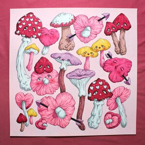 May include: A pink and white illustration of various mushrooms with heart-shaped caps and faces. Some mushrooms have arrows through their caps. The text "Alice Knowlton 2023" is in the bottom right corner.