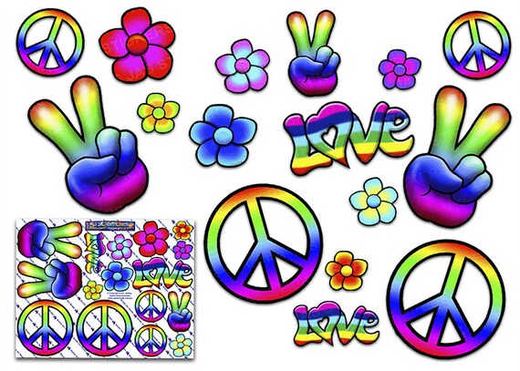 Colorful Illustration Make Love Not War In Retro Hippie Style Of 70s