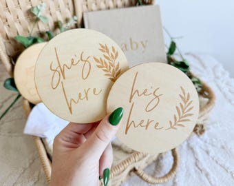 She's Here/He's Here Reversible Wooden Plaque I Pregnancy Announcement I Birth Announcement I Baby Announcement I It's a Boy | It's a Girl