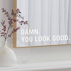 May include: A rectangular mirror with a thin gold frame featuring the white text DAMN. YOU LOOK GOOD. printed on the glass surface. Next to the mirror sits a white ceramic vase containing a single branch with small dark reddish-purple leaves.