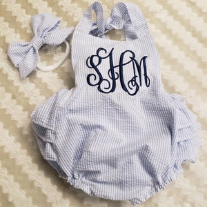Seersucker romper, Monogrammed romper, girls clothing, baby girls clothing, handmade clothing, boutique clothing