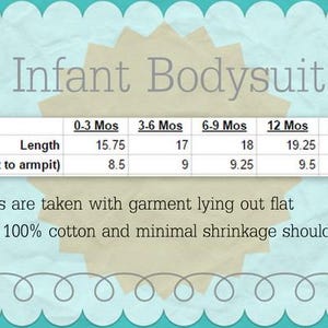 May include: A chart showing the measurements in inches for infant bodysuits in sizes 0-3 months, 3-6 months, 6-9 months, 12 months, and 18 months. The measurements include length and width (armpit to armpit).