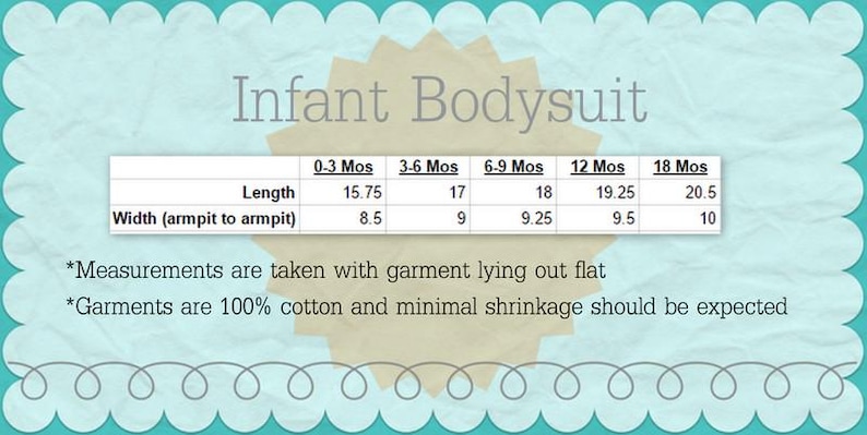 May include: A chart showing the measurements in inches for infant bodysuits in sizes 0-3 months, 3-6 months, 6-9 months, 12 months, and 18 months. The measurements include length and width (armpit to armpit).