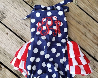 Monogrammed 4th of July Romper, Red White and Blue, Baby Girl Outfit