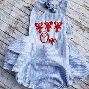 Seersucker Romper, Crawfish applique, girls' clothing, baby girl clothing, handmade clothing, bubble romper, add name or any age