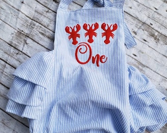 Crawfish Applique, Crab, Seersucker Romper, Girl's clothing, Handmade clothing, Add name or age