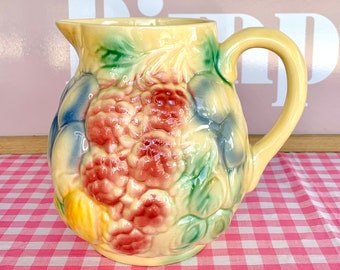 Vintage ceramic pitcher in french majolica pastel fruits stamped Lunéville circa 60 tutti frutti