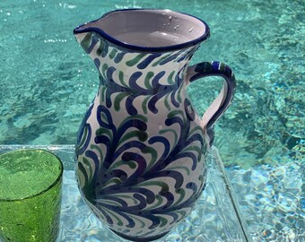 Large vintage terracotta pitcher from Fajalauza de Granada Spain blue and green circa 70