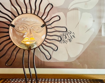 Bougeoir soleil porte bougie vintage en verre et fer forgé à pied