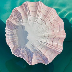 Large vintage XL shell dish  iridescent pastel pink ceramic mother pearl