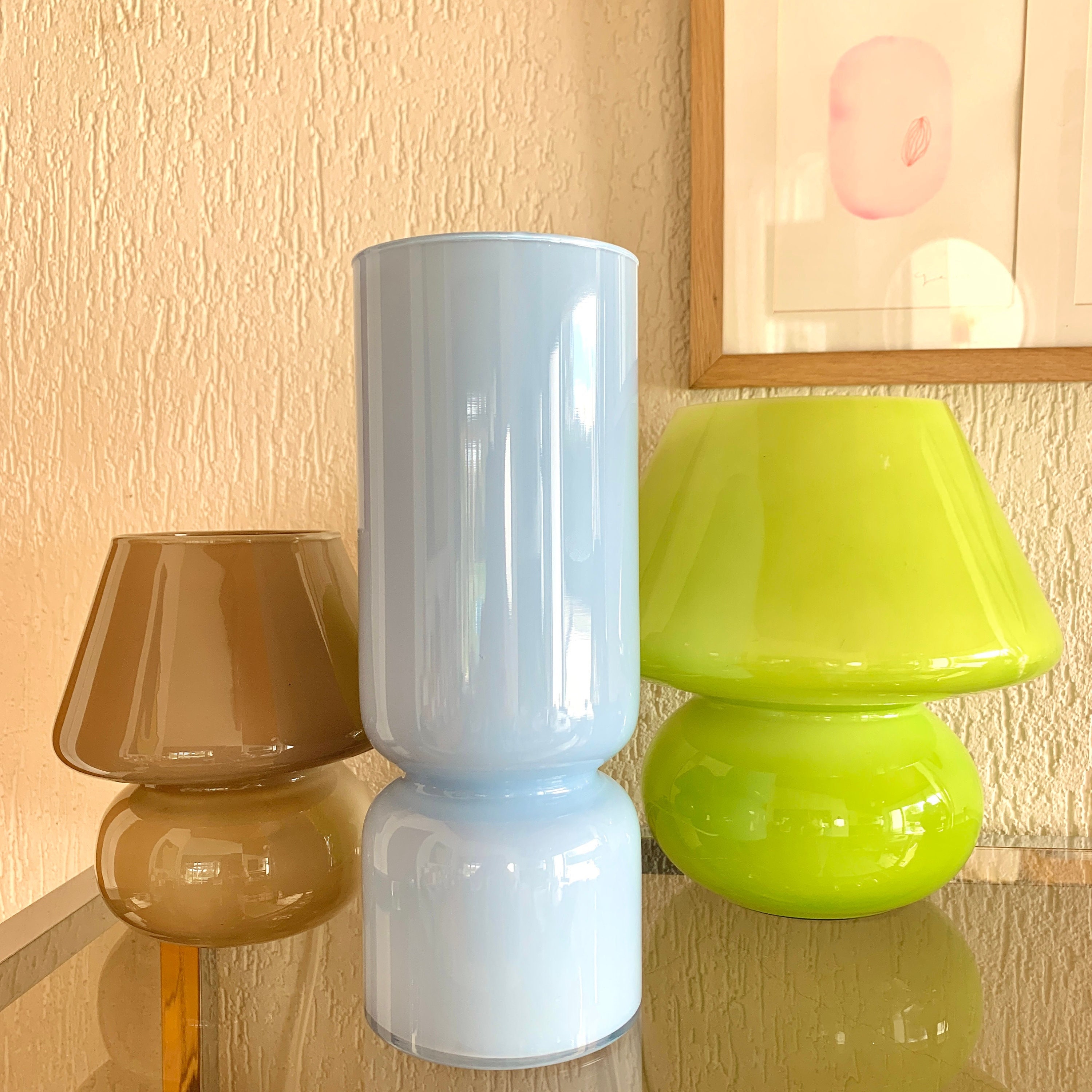 Combo Vintage de 3 Lampes Champignon Seconde Main en Verre Opaline Châtaigne Baby Blue Pop