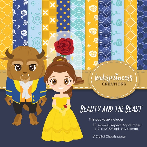 Beast and Beautiful Princess Cliparts and Digital Papers for Princess Fairytale Invitations