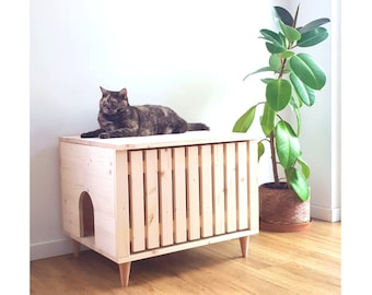 Mid-century Modern Litter Box Cabinet made of spruce wood with top opening, Cat Litter Box Enclosure, Cat Furniture, Cat House