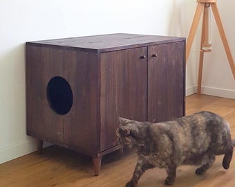 Moderne kattenbakkast uit het midden van de eeuw: zij-ingang, houten kattenmeubel