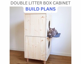 Planos de construcción de gabinetes de caja de arena de dos pisos, planos de caja de arena para gatos de bricolaje, planos de muebles para gatos, planos digitales para gabinete de caja de arena doble de bricolaje