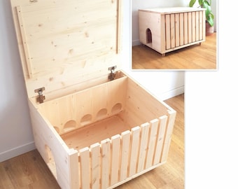 Modern Bunny Litter Box - Hay Feeder Enclosure: Wooden Rabbit Hutch
