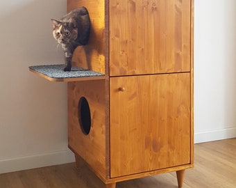 Moderne kattenbakkast met twee verdiepingen: houten kattenbakbehuizing