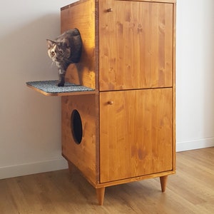 Double Litter Box Cabinet, Cat Litter Box Cabinet on Two levels, Modern Litter Furniture made of spruce wood version "Bunkbeds"