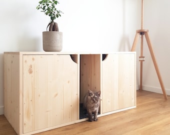 Double Litter Box Cabinet, Modern Cat Litter Box Enclosure with two separate toilets, Cat Furniture