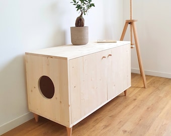 Double Litter Box Cabinet, Mid-century Modern Cat Litter Box Enclosure with two separate toilets, Cat Furniture