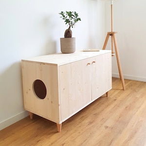 Double Cat Litter Box Cabinet, Mid-century Modern Litter Furniture made of spruce wood with double door opening and two side entrances