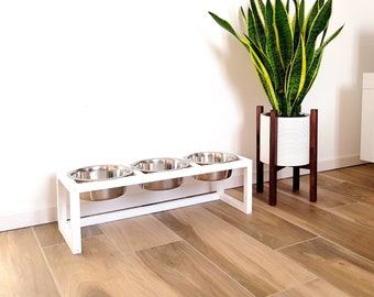 Triple Dog Feeder, Elevated Dog Bowls, Raised Dog feeding station made of spruce wood with three stainless steel bowls