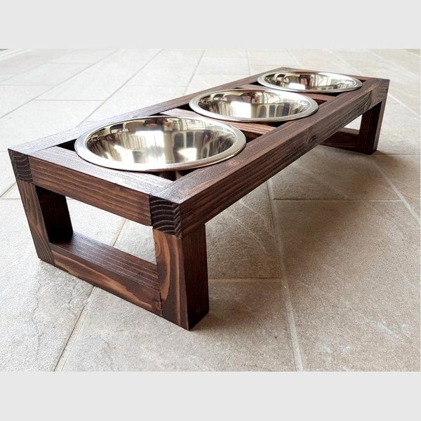 Triple Cat Feeder, Elevated Cat Bowls, Raised Pet Feeder made of spruce wood with three stainless steel bowls