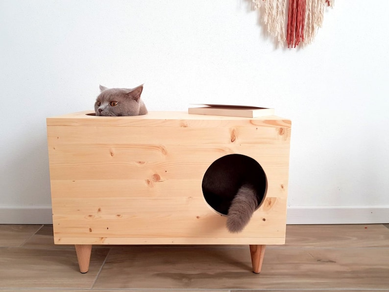 Casa para gatos, Cama para gatos, Escondite para gatos, Casa para conejos, Muebles para mascotas, Gabinete moderno para gatos hecho de madera de abeto imagen 2