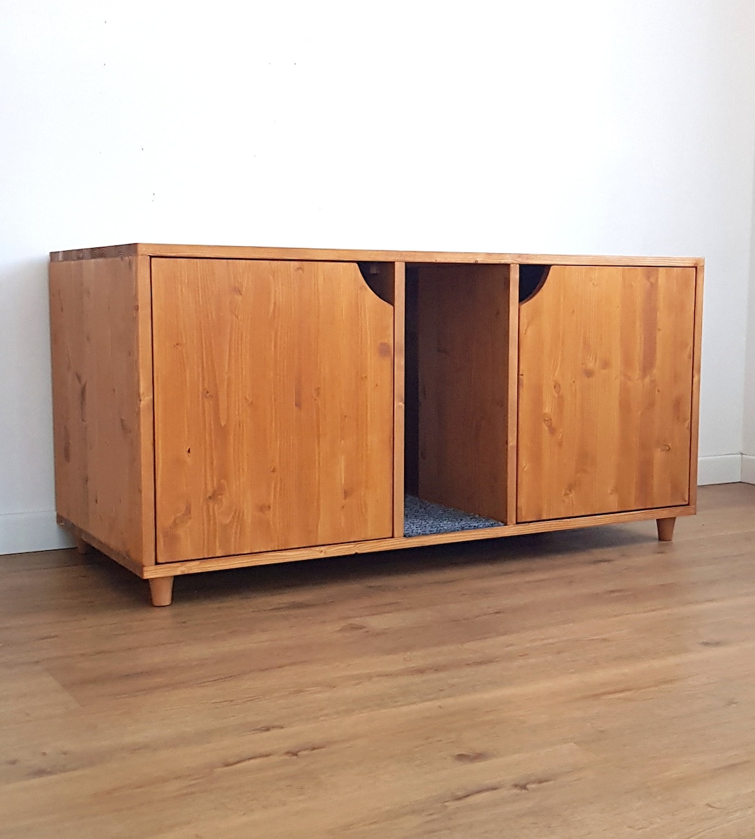 Double Litter Box Midcentury Modern Cat Litter Box Enclosure Made of Spruce Wood With