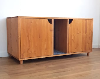 Double Litter Box Cabinet, Mid-century Modern Cat Litter Box Enclosure made of spruce wood with two separate toilets, Pet Furniture