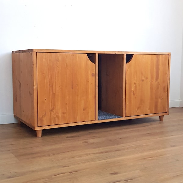 Double armoire à litière, enclos de litière pour chat moderne du milieu du siècle en bois d'épicéa avec deux toilettes séparées, meubles pour animaux de compagnie