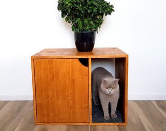 May include: A wooden cat house with a sliding door and a square opening. A gray cat stands inside the house on a dark gray mat. A potted green plant sits on top of the cat house. The wood has a warm, orange-brown stain.