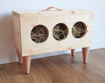 Verhoogde hooiruif voor konijnen: modern houten hooiruif voor konijnen