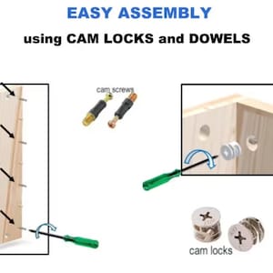May include: Diagram showing how to assemble furniture using cam locks and dowels. The image shows two pieces of wood with holes drilled in them. One piece of wood has a cam lock inserted into the hole. A screwdriver is shown inserting a cam screw into the hole. The other piece of wood has a dowel inserted into the hole. The text "EASY ASSEMBLY using CAM LOCKS and DOWELS" is at the top of the image.