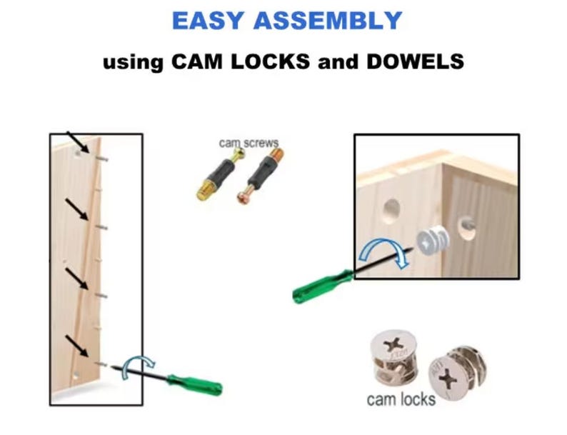 May include: Diagram showing how to assemble furniture using cam locks and dowels. The image shows two pieces of wood with holes drilled in them. One piece of wood has a cam lock inserted into the hole. A screwdriver is shown inserting a cam screw into the hole. The other piece of wood has a dowel inserted into the hole. The text "EASY ASSEMBLY using CAM LOCKS and DOWELS" is at the top of the image.