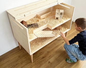 Moderne hamsterkooi met twee niveaus, houten hamsterhuis, leefgebied voor kleine dieren, twee verdiepingen hamster cavia chinchilla gerbil meubilair