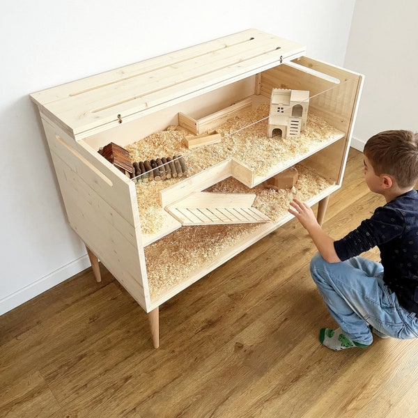 Modern Two-Level Hamster Cage, Wood Hamster House, Small Animal Habitat, Two Story Hamster Guinea Pig Chinchilla Gerbil Furniture