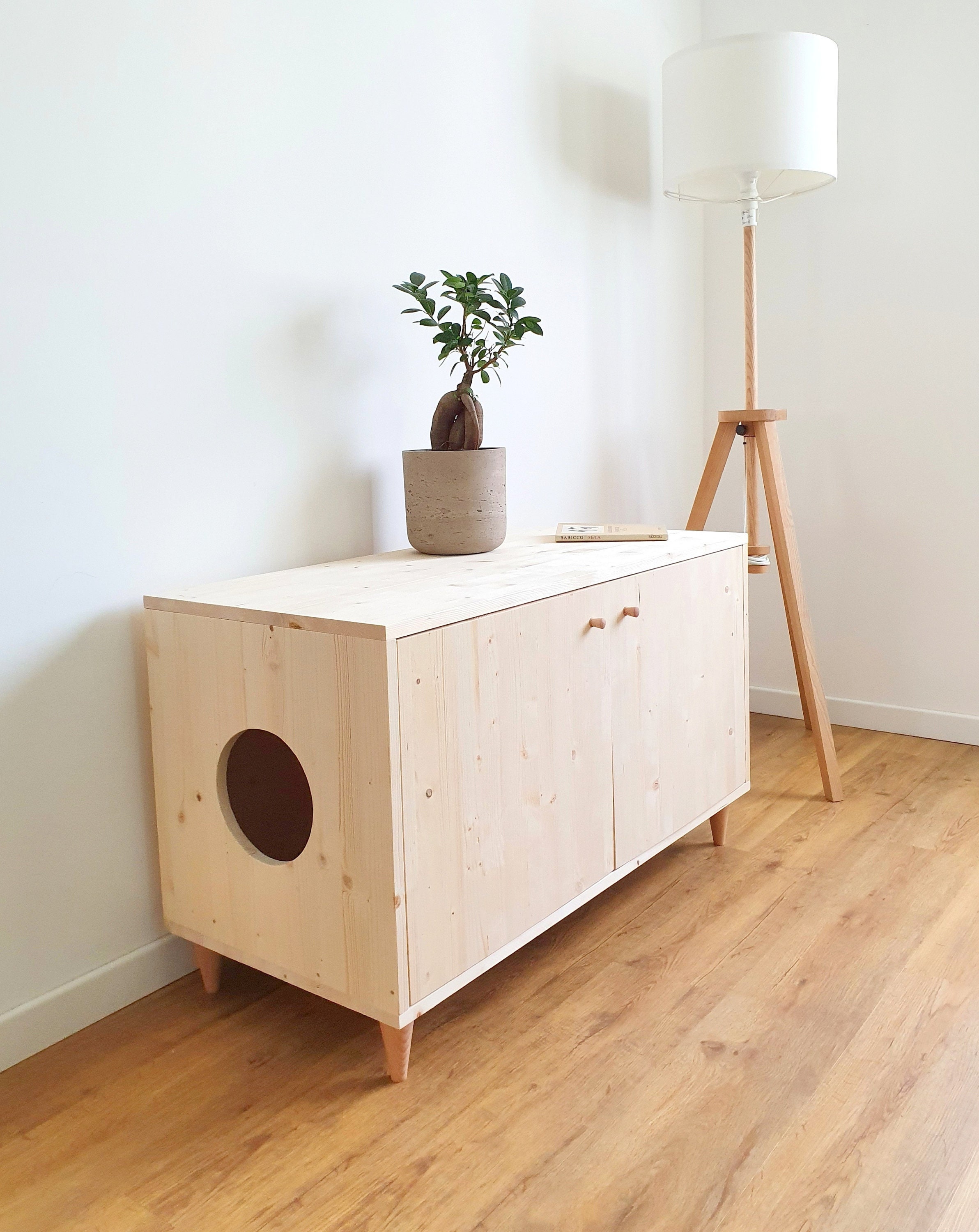 Double Cat Litter Box Cabinet Mid-century Modern Litter