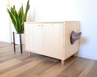 Mid-century Modern Litter Box Cabinet with side entrance, Cat Litter Box Enclosure, Cat Litter Box Cupboard, Hide Litter Tray, Cat Furniture