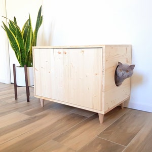 Mid-century Modern Litter Box Cabinet with double door opening and side entrance, Cat Litter Box Enclosure, Cat Furniture