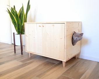 Mid-century Modern Litter Box Cabinet with double door opening and side entrance, Cat Litter Box Enclosure, Cat Furniture