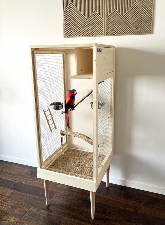 Wooden Bird Cage Stand With Nest Box, Modern Vertical Parrot Condo