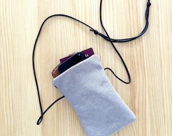 Soft Phone Crossbody Purse – Minimalist iPhone Card Holder Passport Pouch with Adjustable Neck Cord