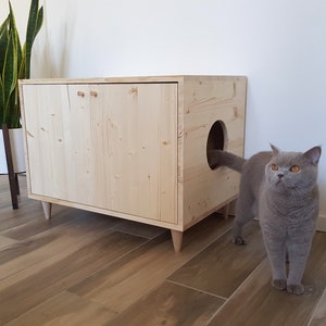 Gabinete de caja de arena moderno de mediados de siglo con apertura de puerta doble y entrada lateral, gabinete de caja de arena para gatos, muebles para gatos imagen 3